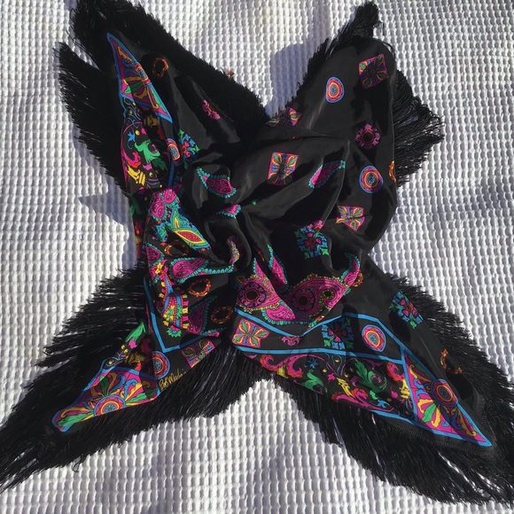 Bob🎭 Mackie Large Silk Fringe Scarf EUC - Picture 8 of 8